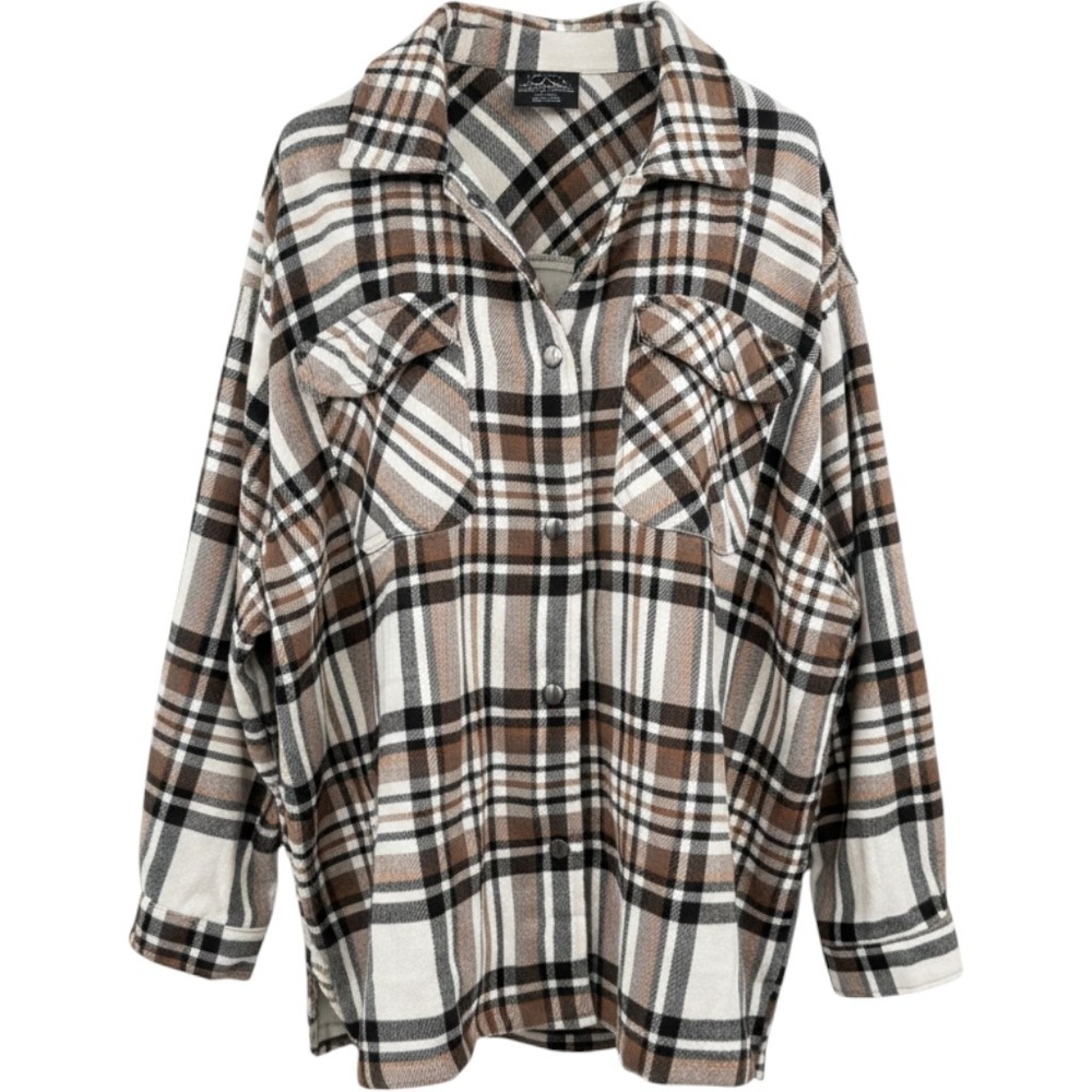 HFX Women XXL Plaid Button Down Shacket Brown White Black Wool Blend